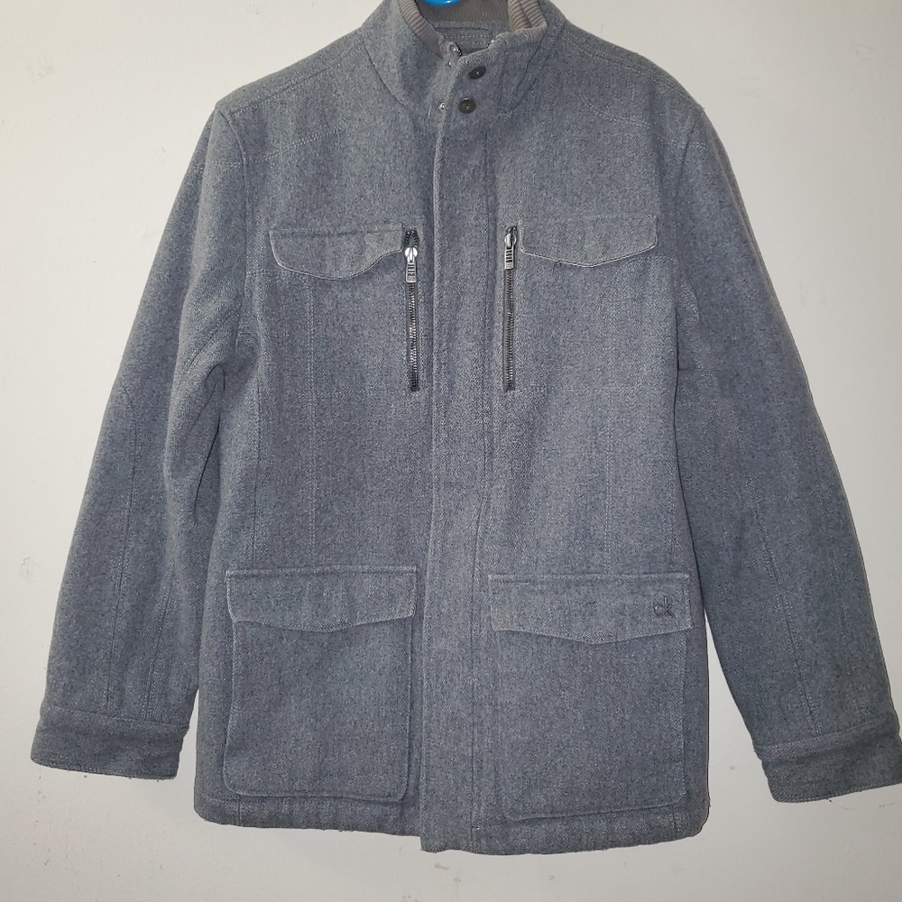 Calvin Klein Jacket Mens Small Wool Blend Coat Gray Full Zip And Snap Button